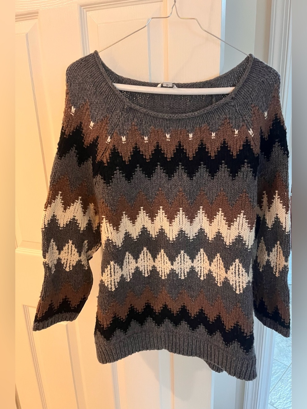 J Jill Cozy Chevron Knit Sweater - Gray, Brown & Cream
